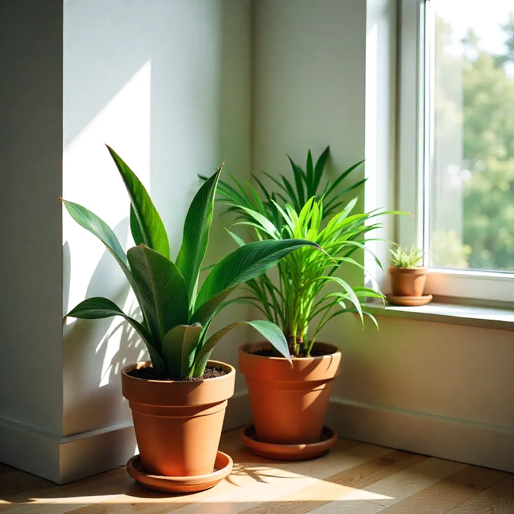 Bright living room with plants in natural light