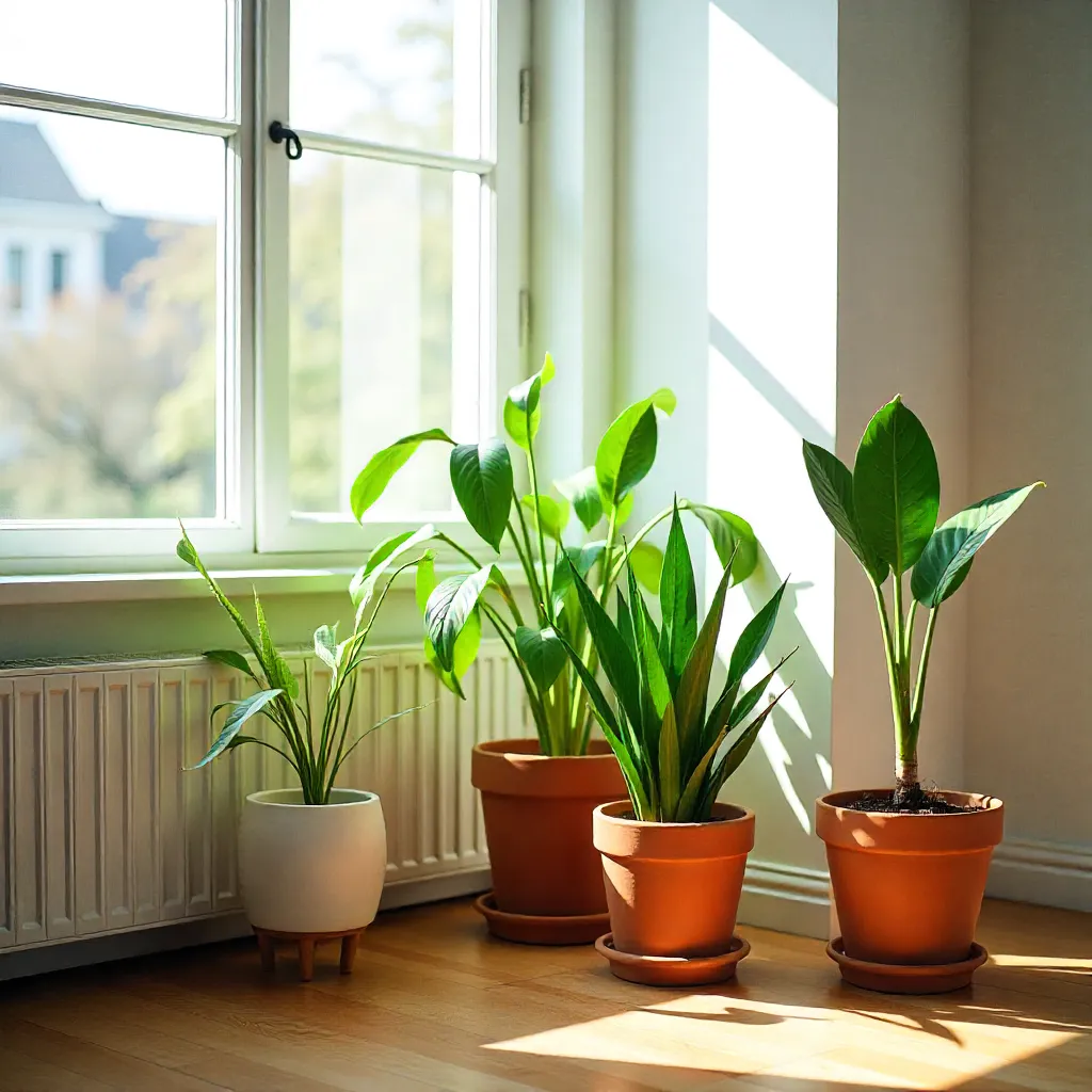 Bright living room corner with plants and natural lighting